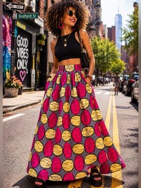 African Wax Print Maxi Skirt Pink Yellow Geometric Pockets 26” Waist XS